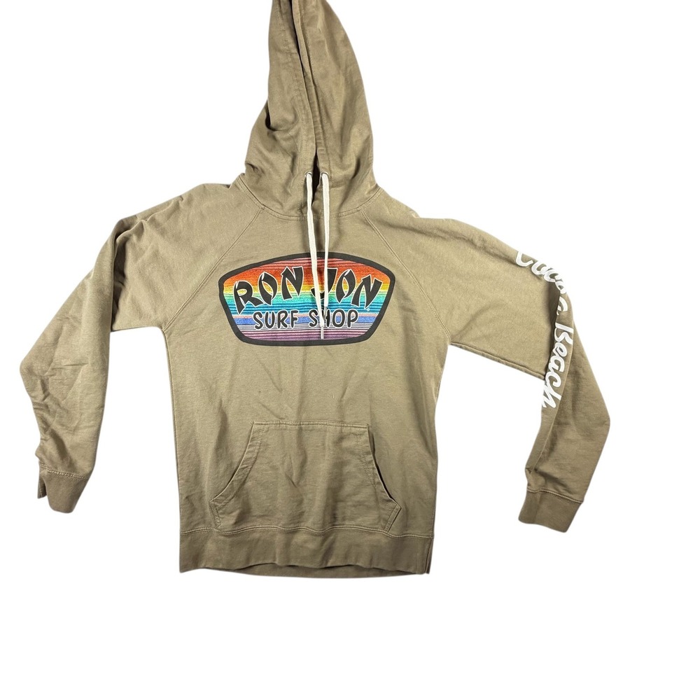 Ron Jon Surf Shop Hoodie Mens Small Khaki Good Cocoa Beach Retro Rainbow SS1000P